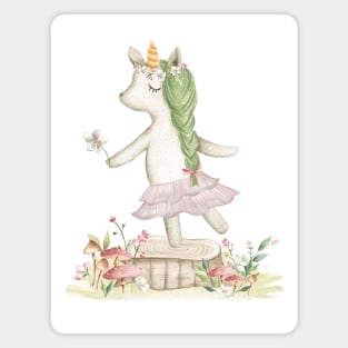 Unicorn dancing among flowers and mushrooms - watercolour Magnet